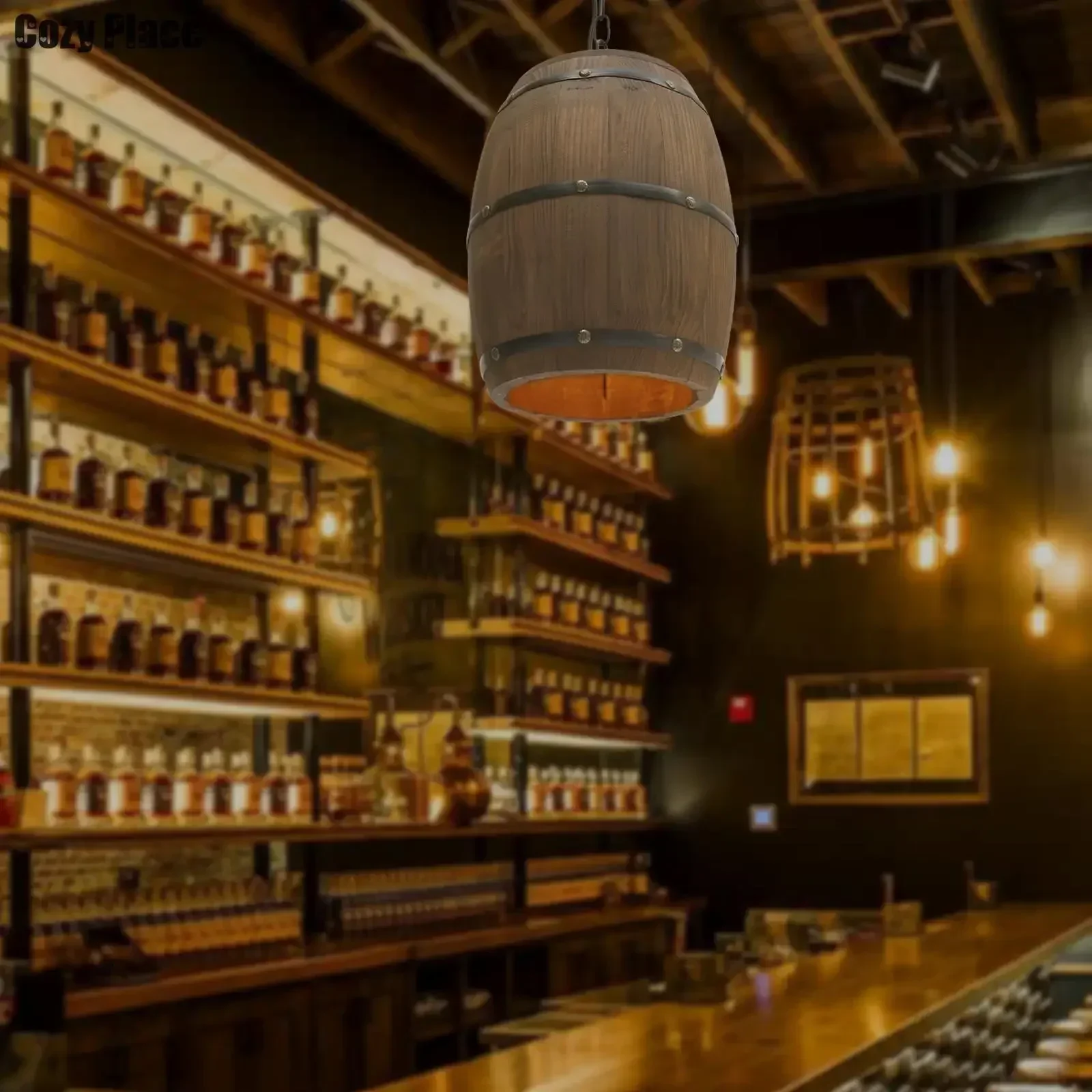 Wine & Beer Shop Photos - مصباح ريفي عتيق، ثريا خشبية معلقة،